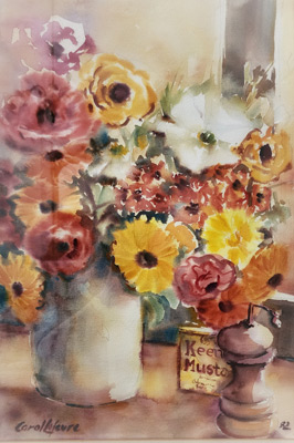 image of a vase of flowers with pepper grinder - painted with watercolour using a wet-in-wet technique