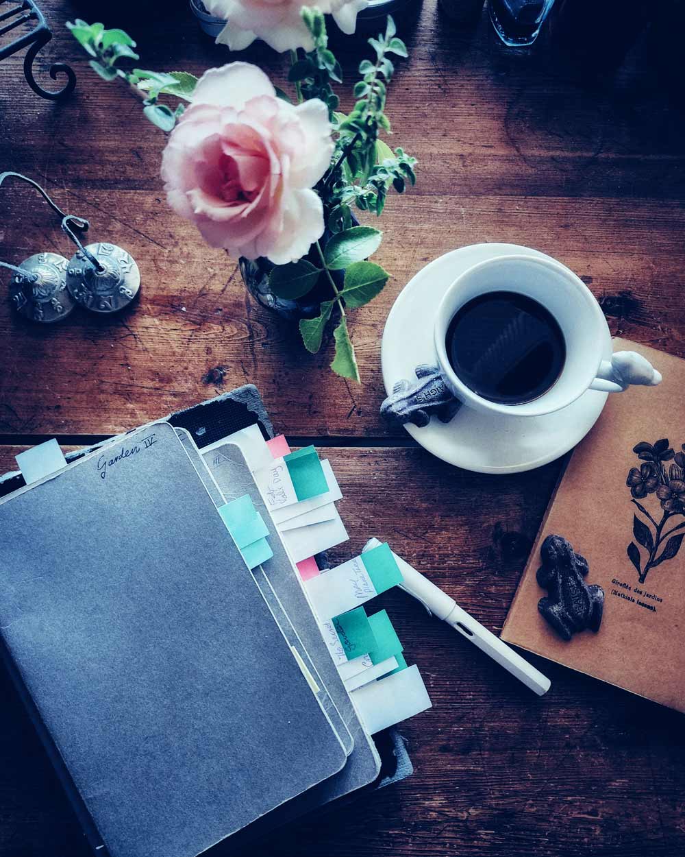 image of the author's desk with garden diary etc